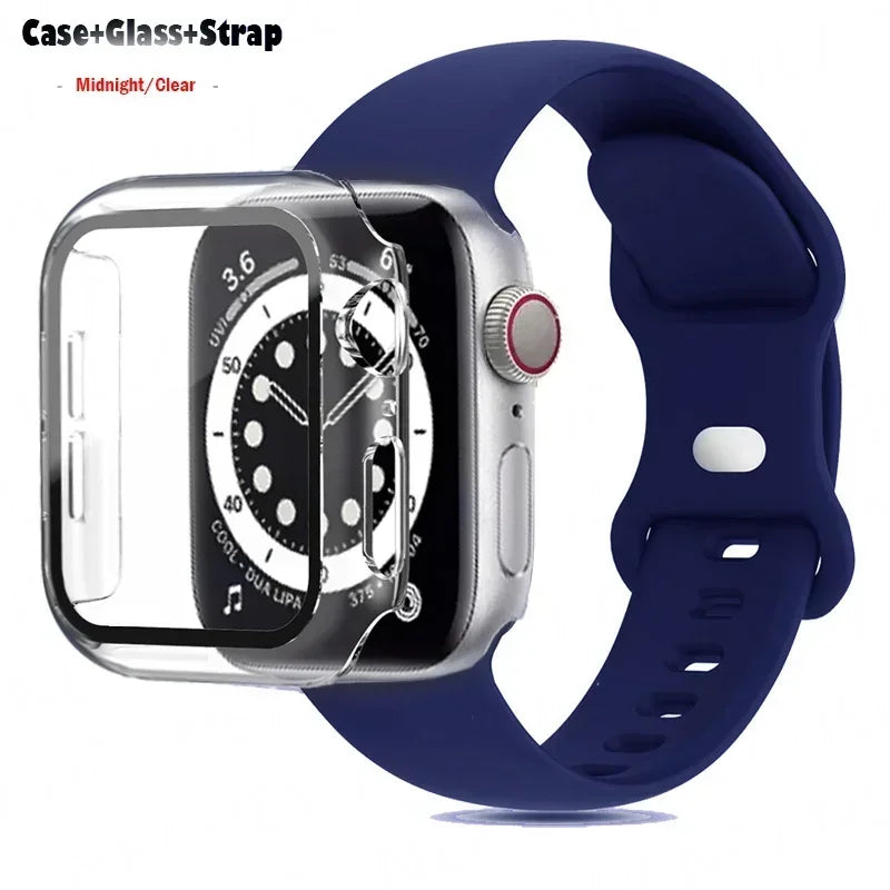 Glass+Case+watchbands For Apple Watch band 44mm 41mm 45mm 40mm 38mm 42mm Silicone band Apple Watch serises 9 8 4 5 6 SE 7 band