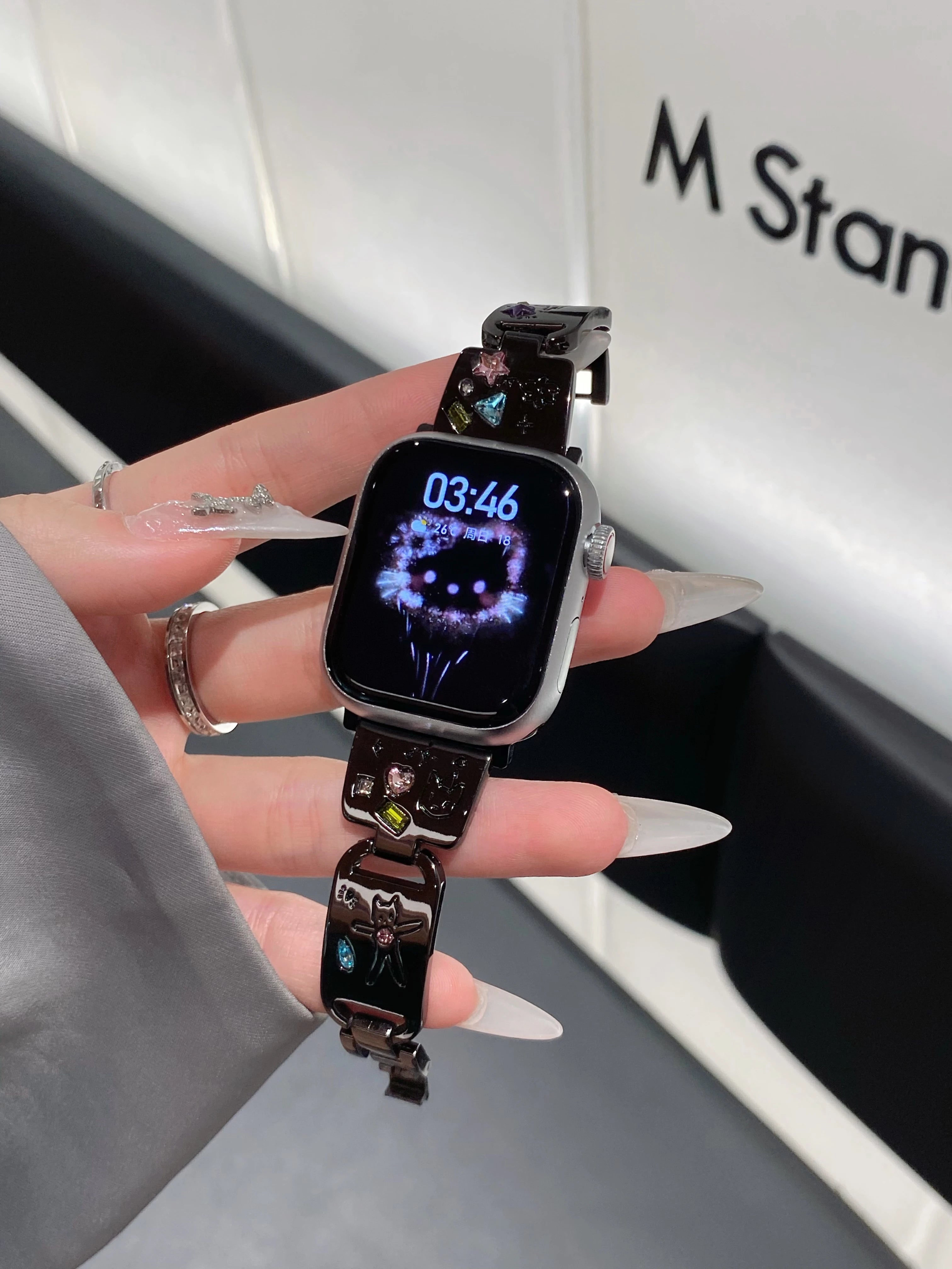 Cute Cat Glossy metal band For Apple Watch Ultra 10 9 8 7 42mm 45mm 46mm 49mm Diamond band For Apple Watch 38mm 41mm 6 5 SE 4