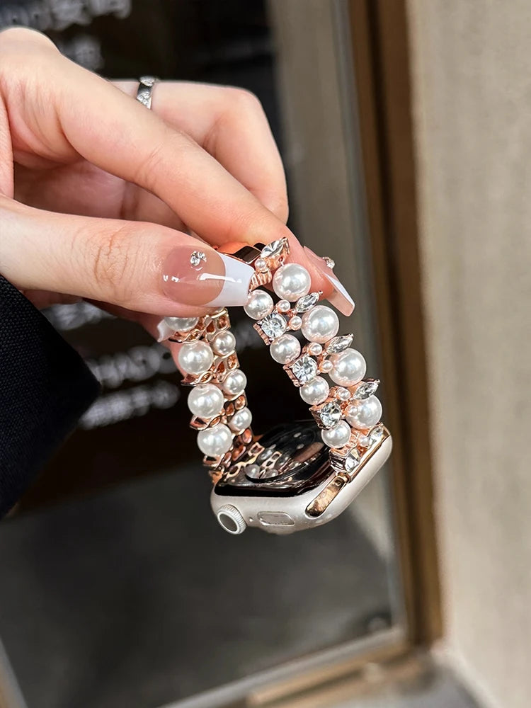 Luxury Diamond band For Apple Watch Ultra 10 9 8 7 6 5 4 Woman Pearl band For Apple Watch 38mm 40mm 41mm 42mm 45mm 46mm 49mm