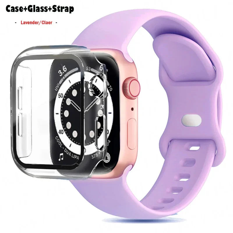 Glass+Case+band For Apple Watch band 44mm 40mm 45mm 41mm 38mm 42mm 44mm sport Silicone band Apple Watch Series 9 8 7 6 5 4 SE