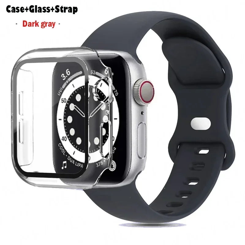 Glass+Case+watchbands For Apple Watch band 44mm 41mm 45mm 40mm 38mm 42mm Silicone band Apple Watch serises 9 8 4 5 6 SE 7 band