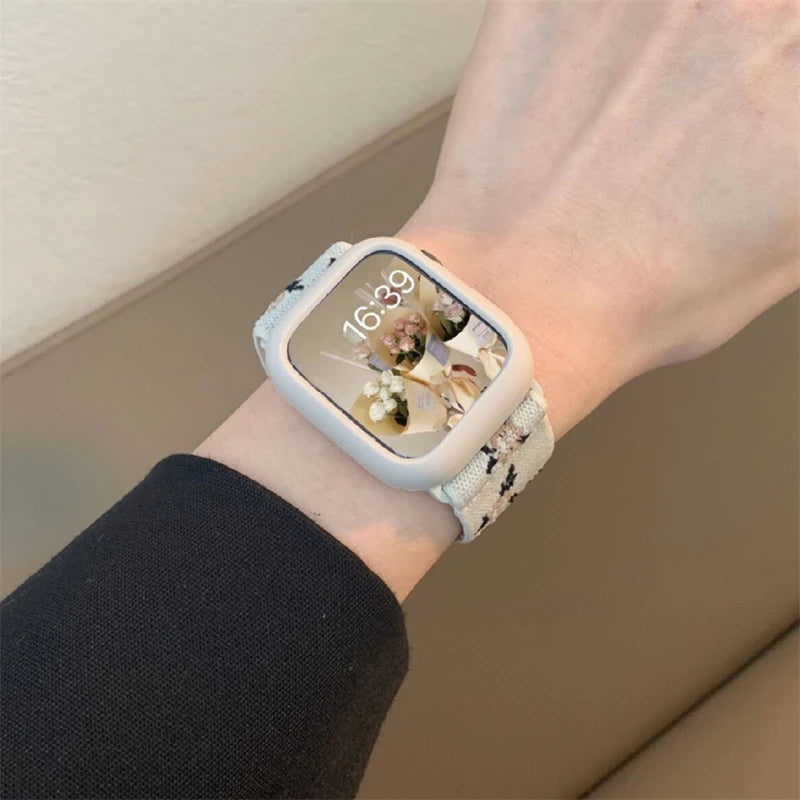Retro Flower band+Case For Apple Watch band 49mm 40mm 44mm 45mm 41mm 38mm 42mm Elastic Nylon band For Apple Watch Serie 3 4 5 6 SE 7 8