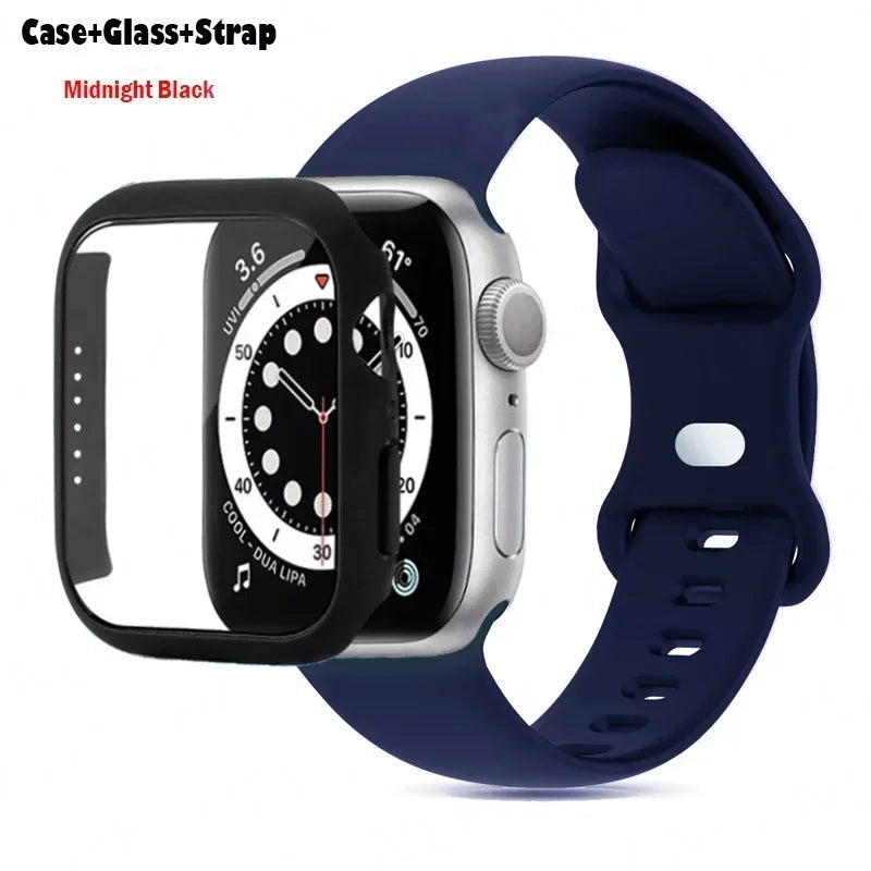 Glass+Case+watchbands For Apple Watch band 44mm 41mm 45mm 40mm 38mm 42mm Silicone band Apple Watch serises 9 8 4 5 6 SE 7 band