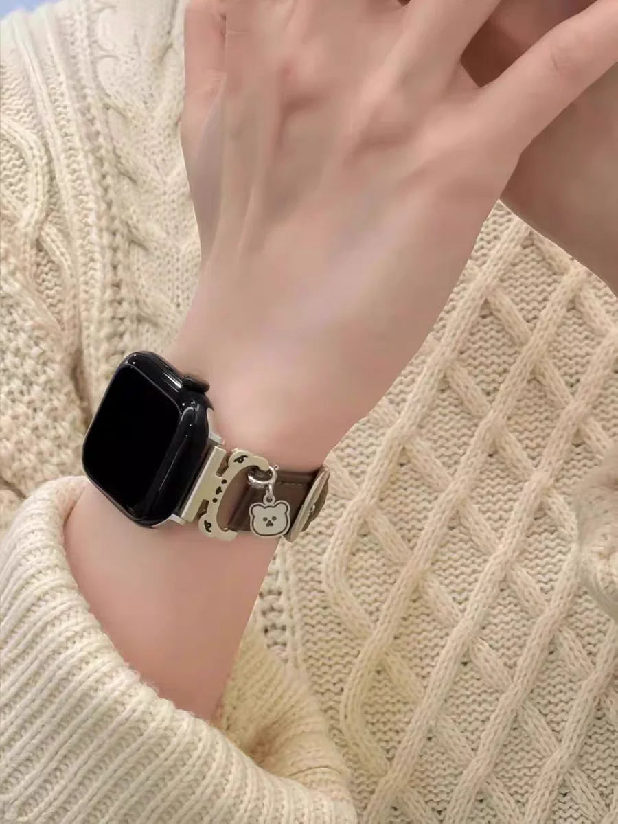 Metal Bear leather loop For Apple Watch band women 11 10 9 8 7 6 5 4 3 SE 38mm 40mm 41mm 42mm 44mm 45mm 46mm 49mm band