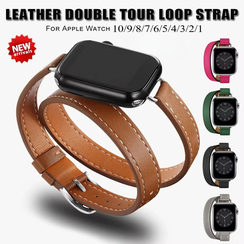 For Apple Watch band 40mm 41mm Double Tour leather band 45mm 44mm Series 9 8 7 6 SE 5 4 for Apple Watch 11 10 42mm 46mm Fashion Correa