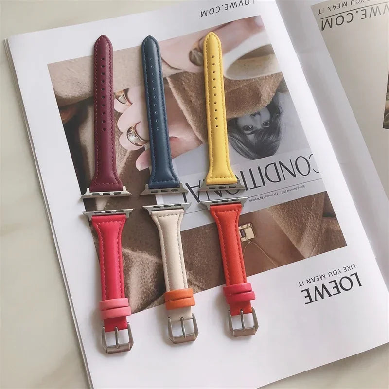 Slim Leather band For Apple Watch band 44mm 40mm 41mm 45mm 44mm band aple watch Series 10 11 46mm 42mm band Ultra 2 3 49mm