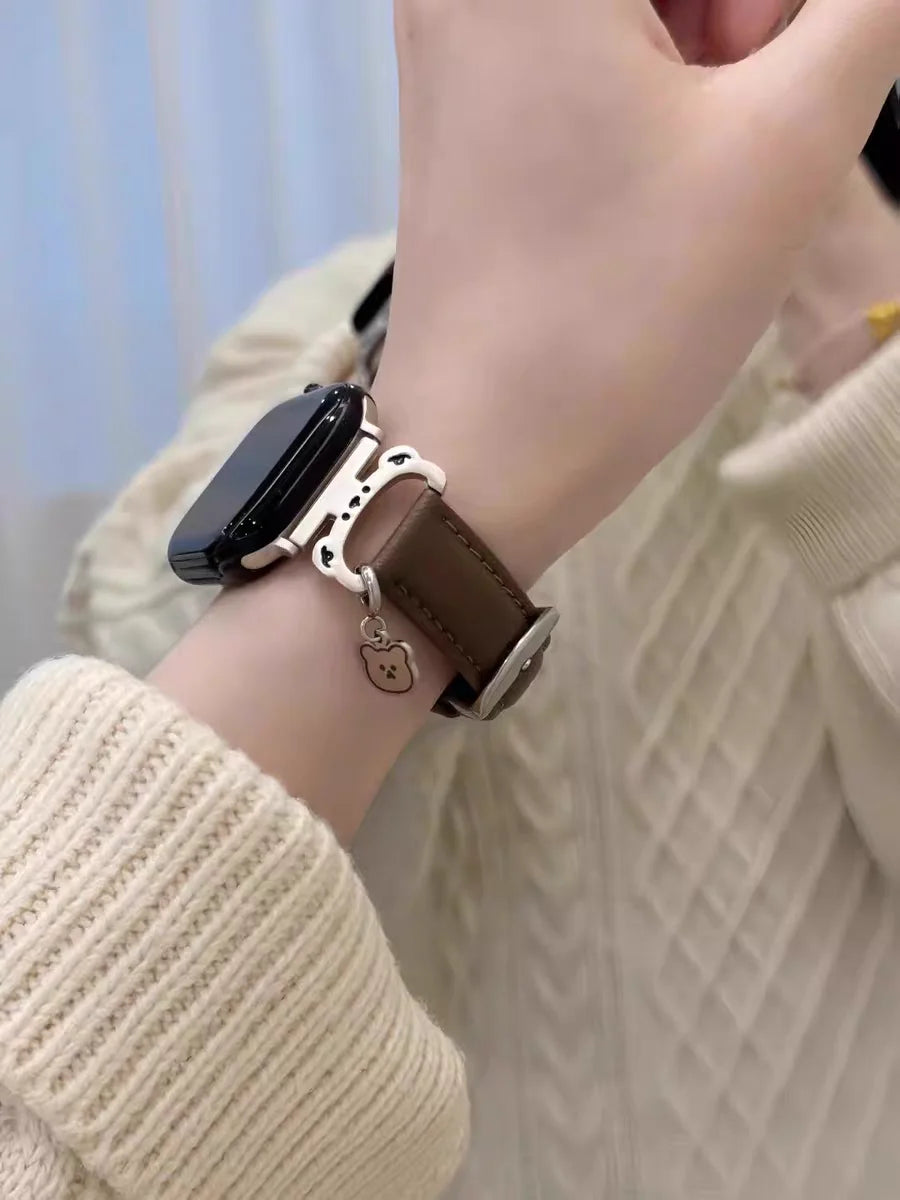 Metal Bear leather loop For Apple Watch band women 11 10 9 8 7 6 5 4 3 SE 38mm 40mm 41mm 42mm 44mm 45mm 46mm 49mm band