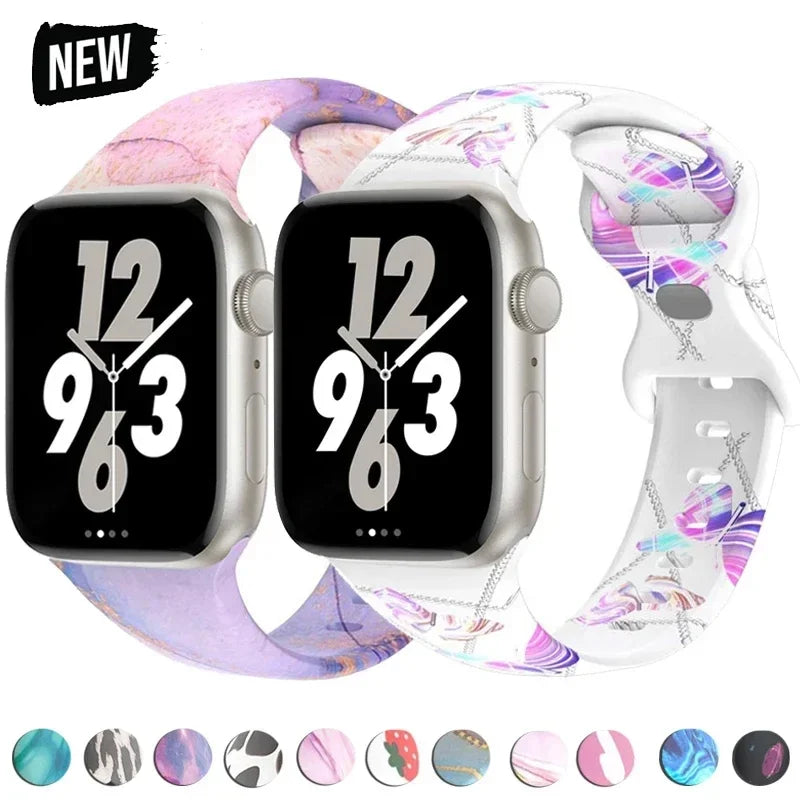 Printed Floral band For Apple Watch Ultra band 49mm 41mm 40mm 38mm 45mm 44mm 42mm Silicone band Apple Watch Series 9 8 7 SE 6 5 4 3