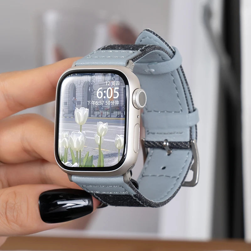 Suitable for Apple Watch band denim leather Apple Watch SE 49mm high quality wristband 40mm 38mm 44mm 41mm 42mm 45mm Ultra9 8 7 6 54 band
