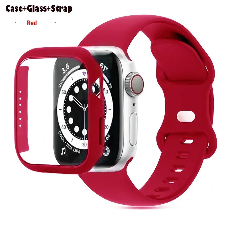 Glass+Case+band For Apple Watch band 44mm 41mm 45mm 40mm 38mm 42mm Silicone band Apple Watch serises 9 8 3 4 5 6 SE 7 watchbands