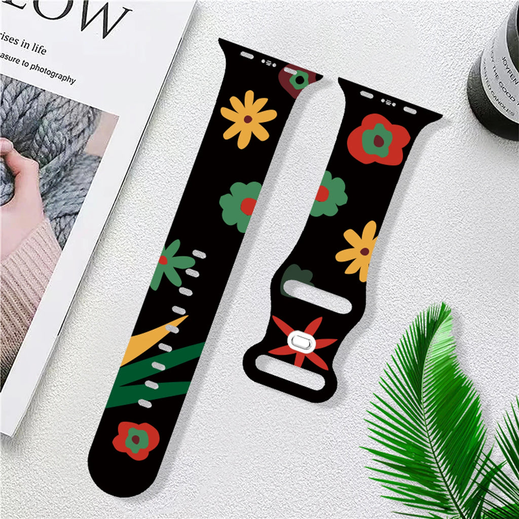 Silicone band for Apple Watch 10 9 8 7 SE Flowers Printed band Replaceable band for Apple Watch 44mm 42mm 41mm 40mm Watchband