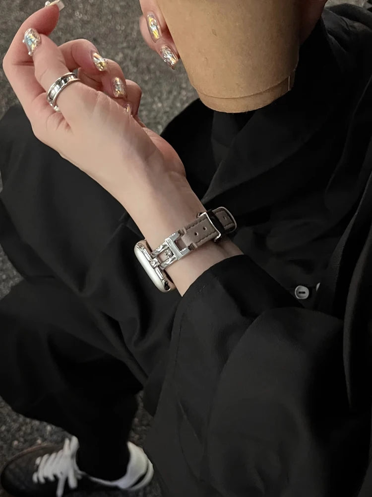 Luxury Leather band For Apple Watch Ultra 10 9 8 7 6 SE 5 4 Slim metal band For Apple Watch 38mm 40mm 42mm 44mm 45mm 46mm 49mm