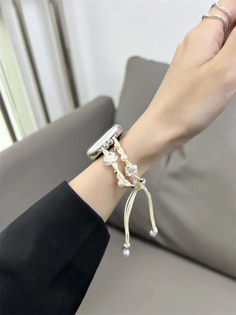 Ins Pearl Flowers band For Apple Watch Series 9 8 7 6 SE 4 5 45mm 44mm 42mm Woven Nylon band Apple Watch Ultra 2 49mm 40mm 38mm Woman