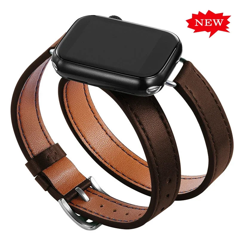Double loop Slim Leather band for Apple Watch band Ultra 2 49mm Series 10 46mm 41mm 42mm 44mm 45mm band for Apple Watch 9 8 7 6 SE 5 4