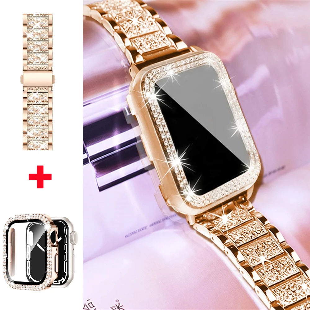 Diamond case+band For Apple Watch band 45mm 40mm 44mm 41mm 38mm 42mm 44mm metal Belt Apple Watch Series 9 8 7 SE 6 5 Women band