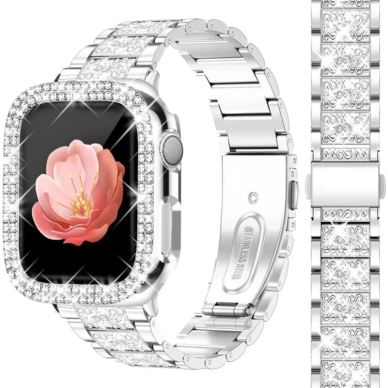 Diamond case+band For Apple Watch band 45mm 40mm 44mm 41mm 38mm 42mm 44mm metal Belt Apple Watch Series 9 8 7 SE 6 5 Women band