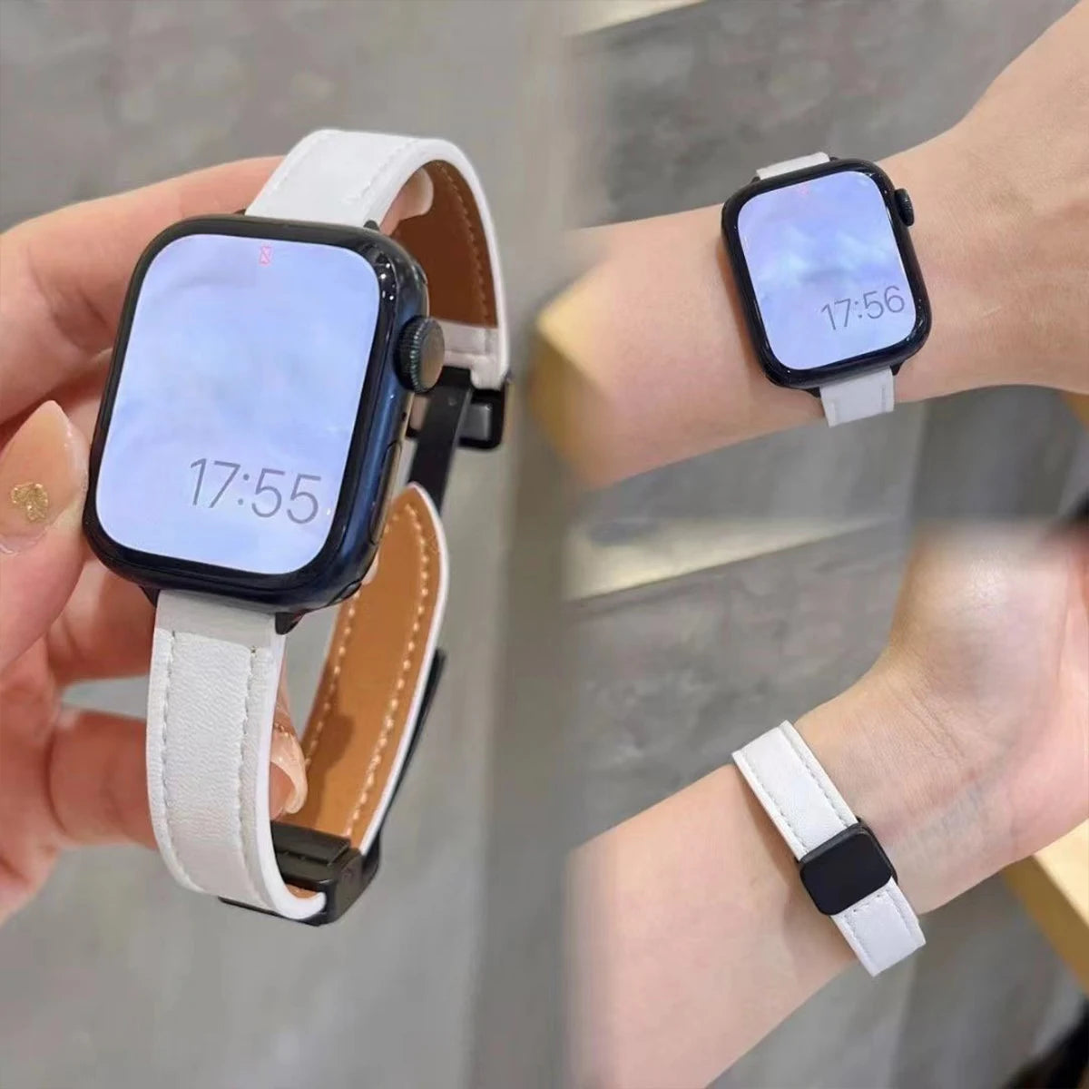 Magnetic Buckle band For Apple Watch 10 42mm 46mm SE 44mm 40mm 9 8 7 41mm 45mm Folding Slim Leather band Apple Watch Series 10 8 7 6 5