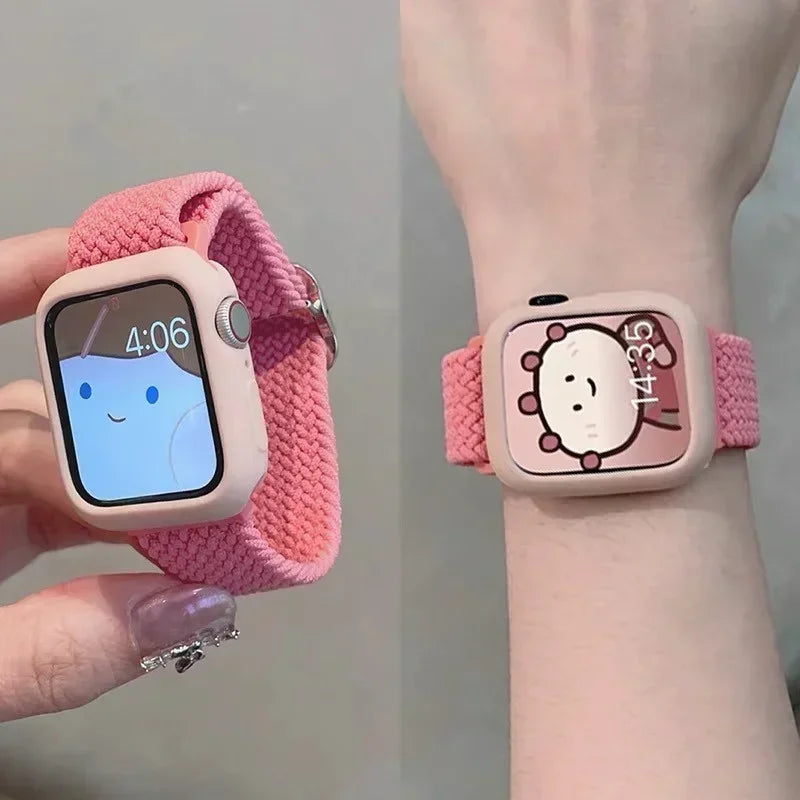 Korean Cute Braied band + Case For Apple Watch band 49mm 46mm 45mm 44mm 38mm 42mm Nylon band For Apple Watch Series 10 9 8 7 6 5 4 3 SE