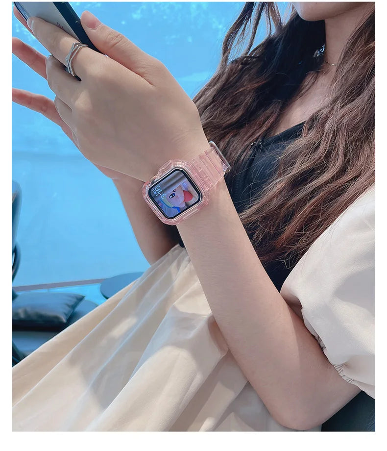 For Apple Watch band 44mm 40mm 45mm 46mm 42mm 38mm 41mm Transparent Silicone band Apple Watch Series 10 9 8 7 6 3 SE Case+bands