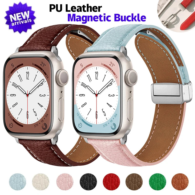 Leather Magnetic Buckle band for Apple Watch 8 7 45mm 41mm Ultra 49mm PU Leather band for Apple Watch Series 6 5 4 3 44mm 42mm 40mm