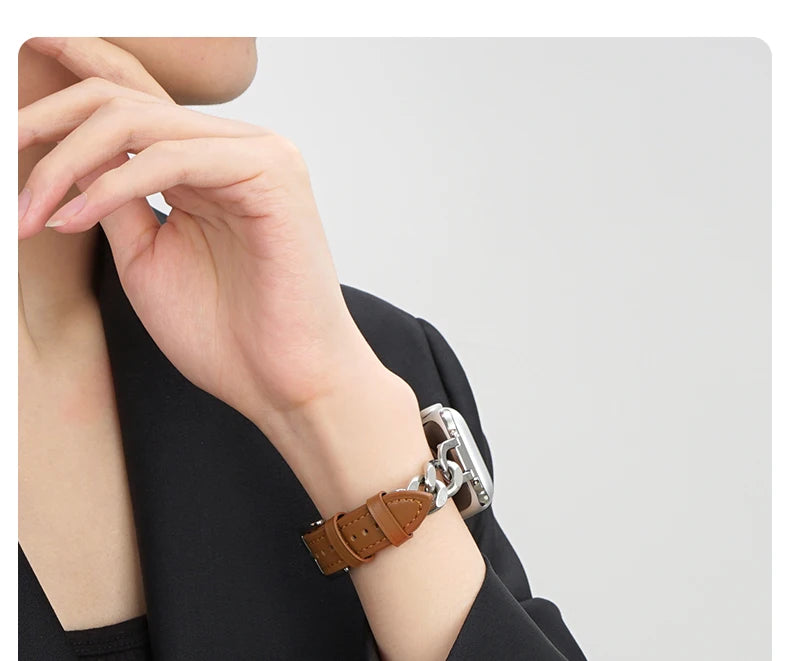 Leather band for Apple Watch 10 band 46mm 42mm 44mm 40mm 41mm 45mm Women Stainless Steel band Apple Watch Series 9 8 SE 7 6 Belt