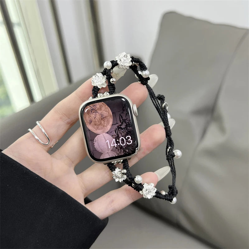Ins Pearl Flowers band For Apple Watch Series 9 8 7 6 SE 4 5 45mm 44mm 42mm Woven Nylon band Apple Watch Ultra 2 49mm 40mm 38mm Woman