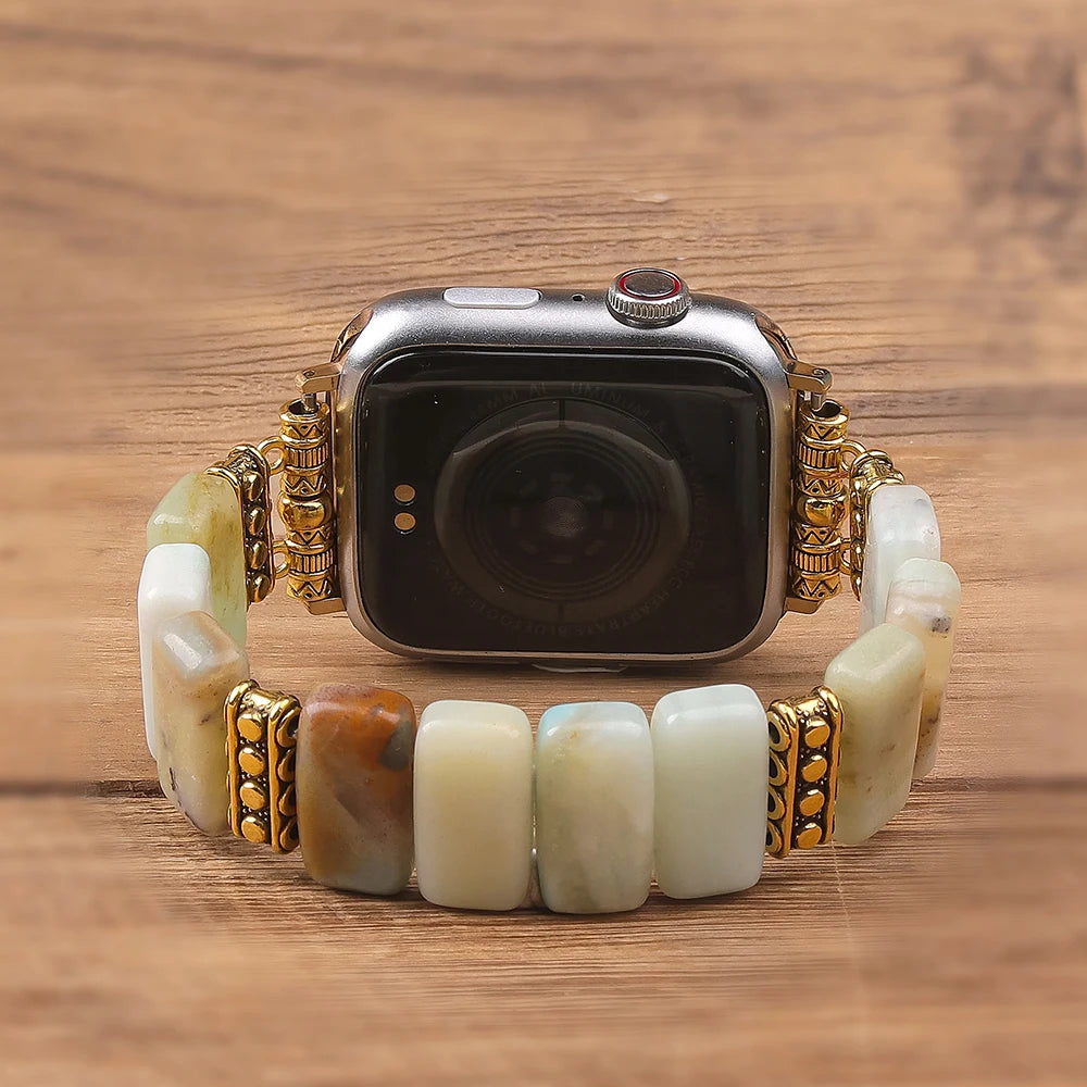 Beaded Natural Stone band Women Compatible For Apple Watch band Series Handmade Elastic Watch band Accessories