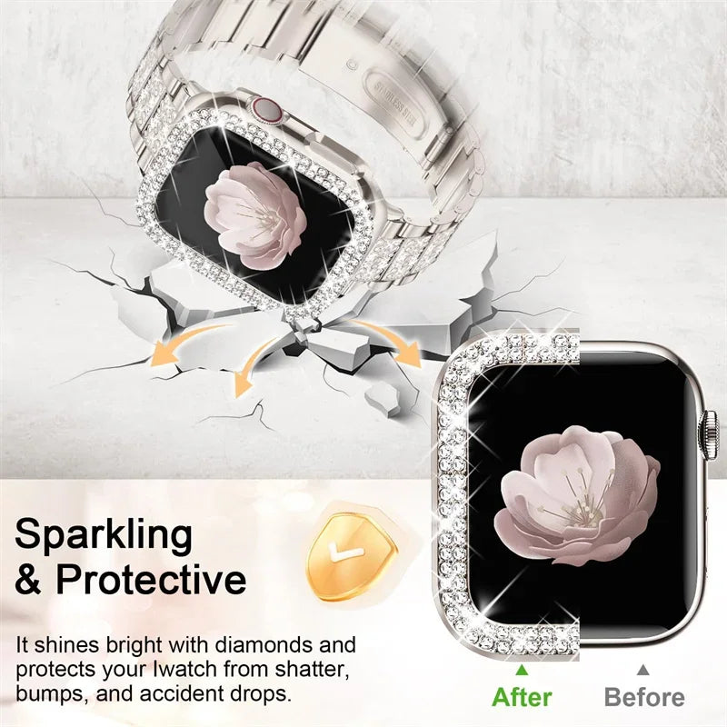 Diamond case+band For Apple Watch band 45mm 40mm 44mm 41mm 38mm 42mm 44mm metal Belt Apple Watch Series 9 8 7 SE 6 5 Women band