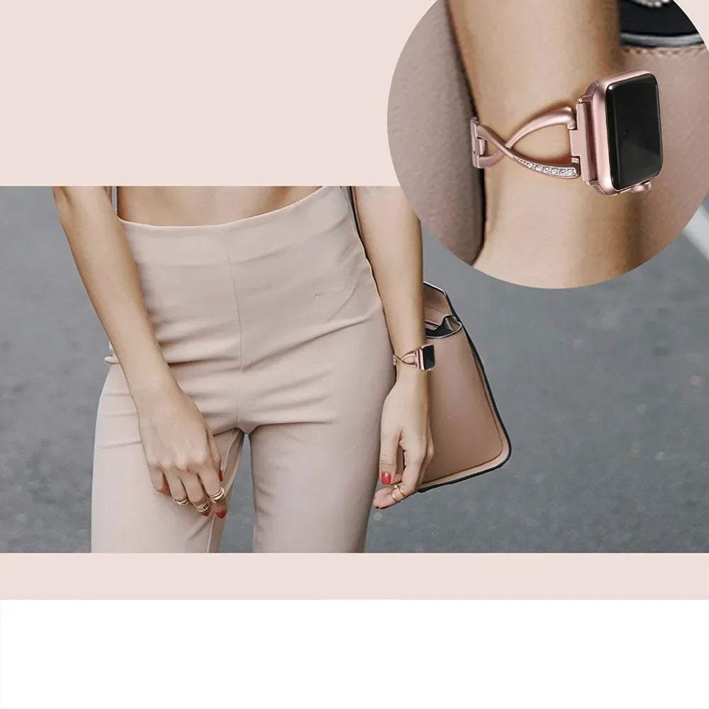 Lady band for Apple Watch band 49mm 44mm 41mm 45mm 40mm Diamond Stainless Steel Correa For Apple Watch Ultra 2 Series 9 8 7 6 SE 5 3