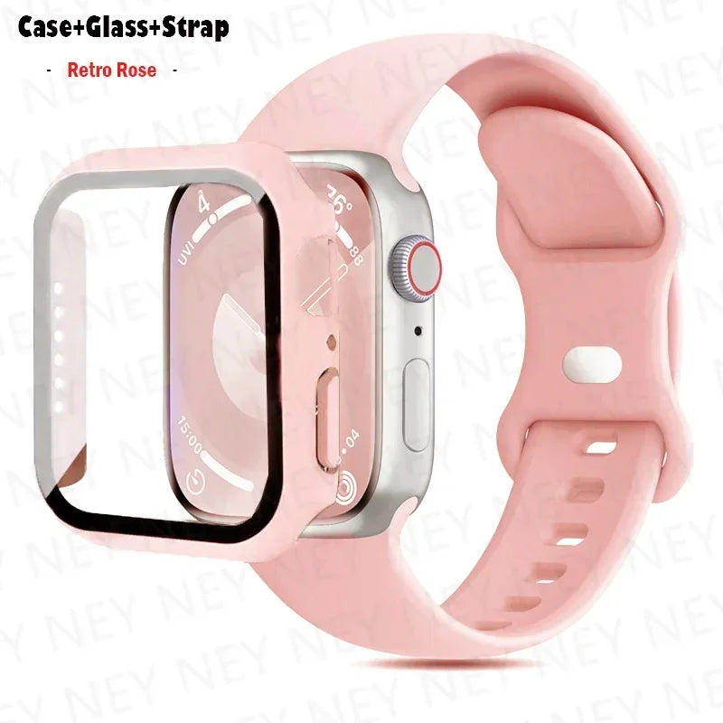Glass+Case+band For Apple Watch band 44mm 41mm 45mm 40mm 38mm 42mm Silicone band Apple Watch serises 9 8 3 4 5 6 SE 7 watchbands