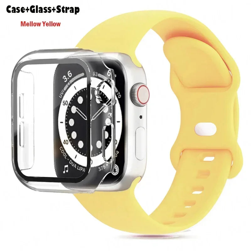 Glass+Case+watchbands For Apple Watch band 44mm 41mm 45mm 40mm 38mm 42mm Silicone band Apple Watch serises 9 8 4 5 6 SE 7 band