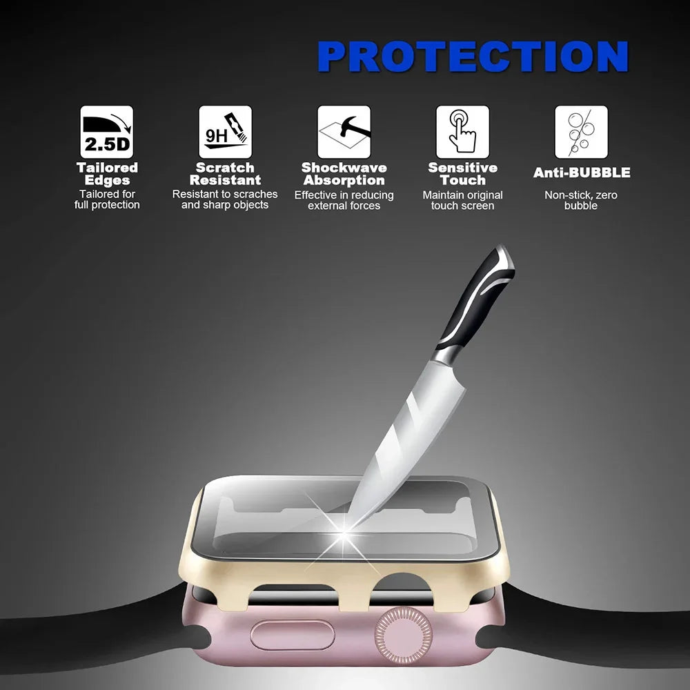 Metal Case + Tempered Film glass for Apple Watch 45mm 41mm 40mm 44mm 38mm 42mm Cover Apple Watch 9 8 7 6 5 4 3 SE Protective Case