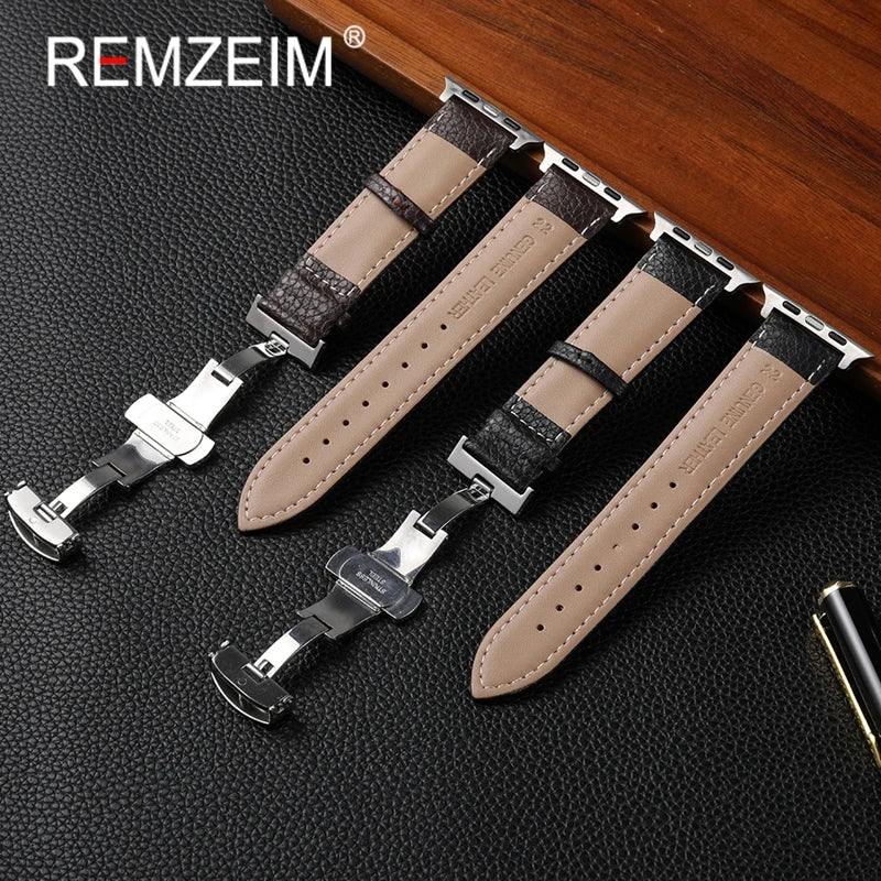 Leather Smartwatch band for Apple Watch 1 10 SE Ultra Butterfly Buckle Replacement band Fits 49mm 46mm 45mm 44mm and 42mm 41mm 40mm 38mm