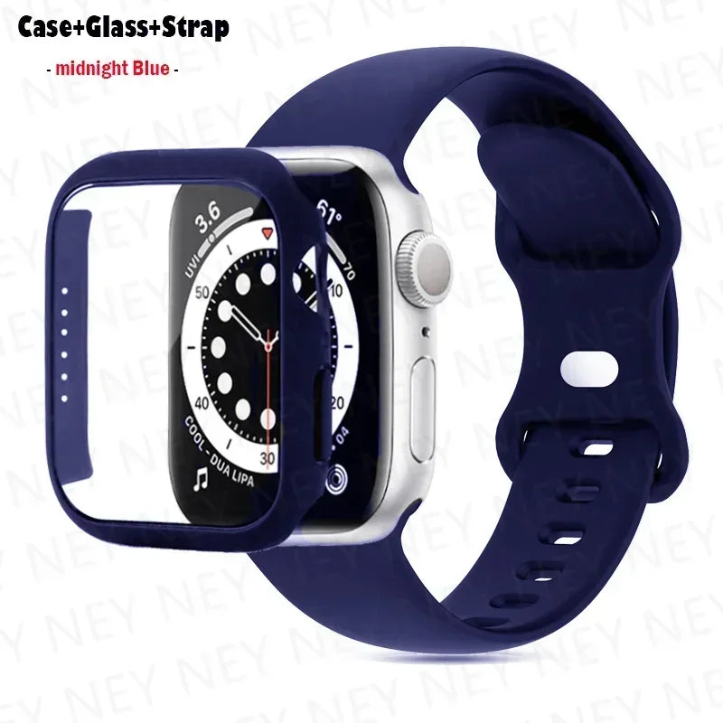 Glass+Case+watchbands For Apple Watch band 44mm 41mm 45mm 40mm 38mm 42mm Silicone band Apple Watch serises 9 8 4 5 6 SE 7 band