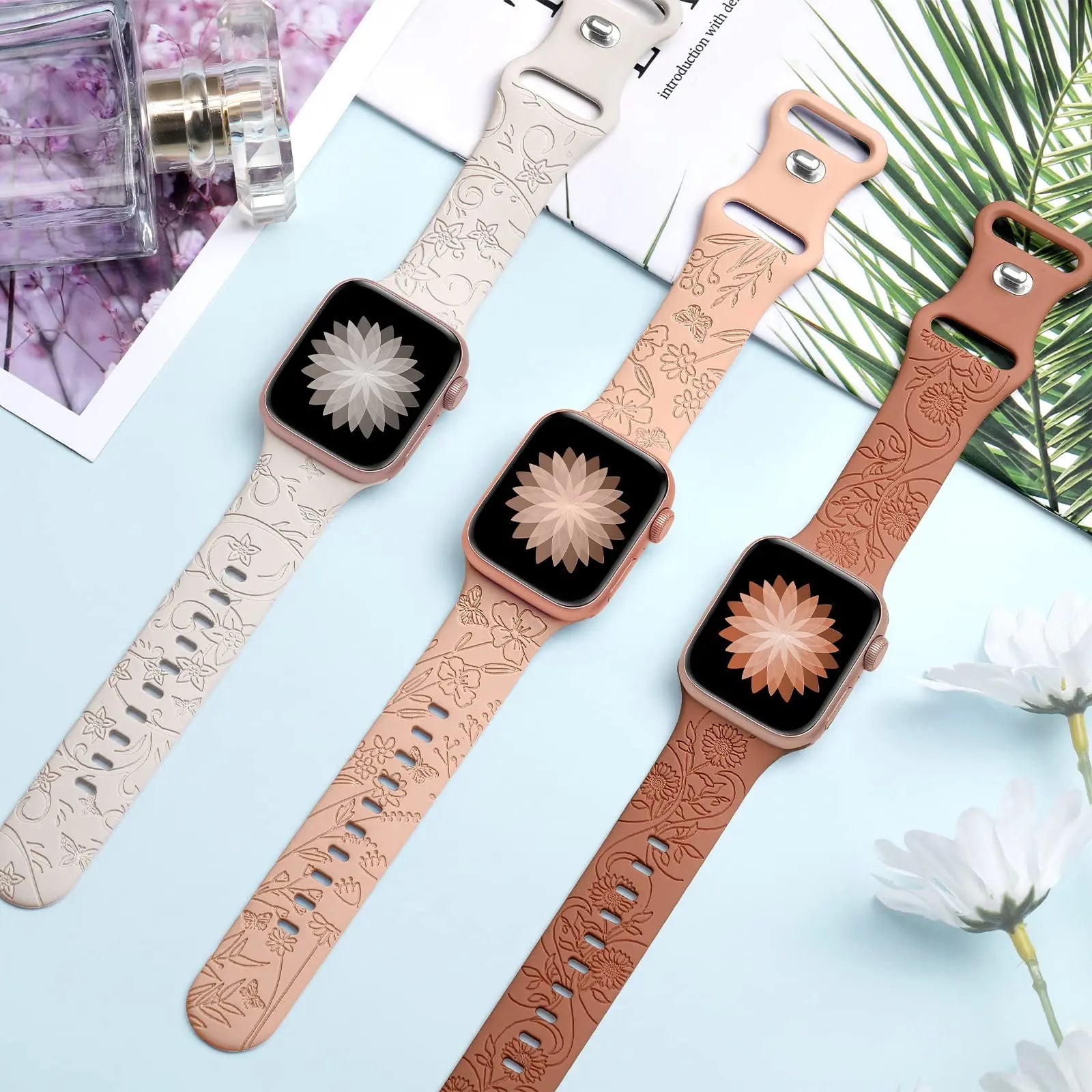Floral Engraved band For Apple Watch band 40mm 44mm 41mm 45mm 38mm 49mm 42mm silicone band Apple Watch Series 9 7 SE 6 8 Ultra 2
