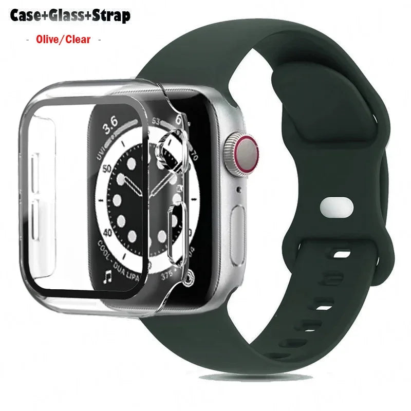 Glass+Case+band For Apple Watch band 44mm 40mm 45mm 41mm 38mm 42mm 44mm sport Silicone band Apple Watch Series 9 8 7 6 5 4 SE
