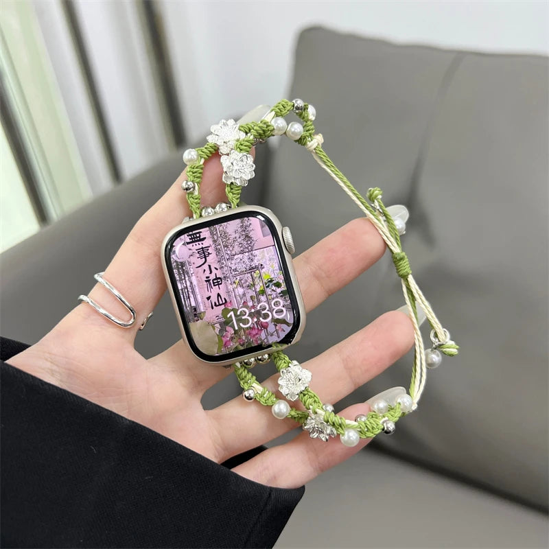 Ins Pearl Flowers band For Apple Watch Series 9 8 7 6 SE 4 5 45mm 44mm 42mm Woven Nylon band Apple Watch Ultra 2 49mm 40mm 38mm Woman