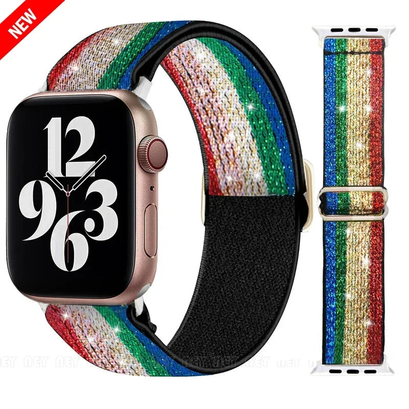 Bohemian Nylon band for Apple Watch Ultra 2 49mm 42mm 45mm 38mm 40mm 41mm 44mm Elastic Shiny band Apple Watch Series 10 9 8 7 6 5 4 3 SE