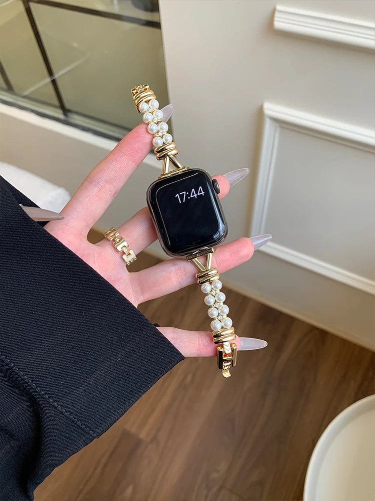 Luxury Pearl band For Apple Watch Ultra 10 9 8 7 6 5 4 Glossy metal band For Apple Watch 40mm 41mm 42mm 44mm 45mm 46mm 49mm