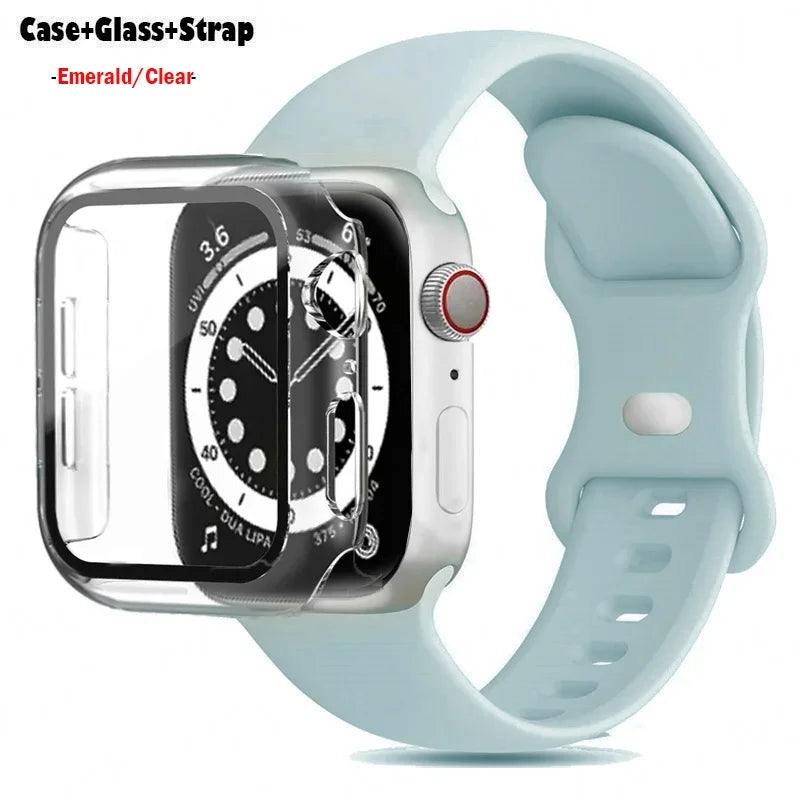 Glass+Case+band For Apple Watch band 44mm 40mm 45mm 41mm 38mm 42mm 44mm sport Silicone band Apple Watch Series 9 8 7 6 5 4 SE