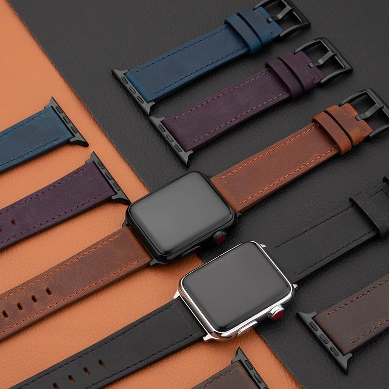 Leather band For Apple Watch band 49mm 44mm 45mm 42mm 40mm 46mm 38mm 41mm Crazy Horse Style band Apple Watch Ultra Series 10 9 8 7 SE 6 5