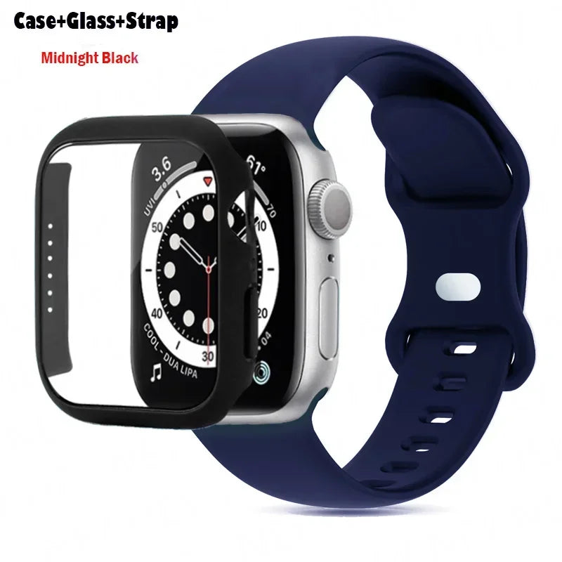 Glass+Case+band For Apple Watch band 44mm 41mm 45mm 40mm 38mm 42mm Silicone band Apple Watch serises 9 8 3 4 5 6 SE 7 watchbands