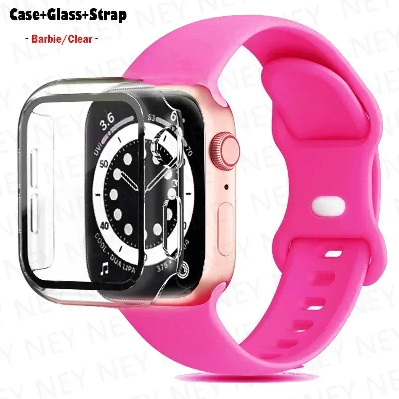 Glass+Case+band For Apple Watch band 41mm 44mm 38mm 42mm 45mm 40mm Silicone band Apple Watch serises 9 8 3 4 5 6 SE 7 watchbands