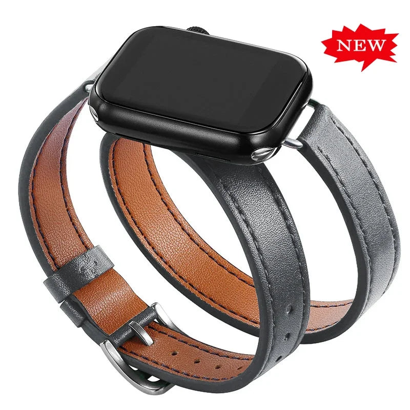 Double loop Slim Leather band for Apple Watch band Ultra 2 49mm Series 10 46mm 41mm 42mm 44mm 45mm band for Apple Watch 9 8 7 6 SE 5 4