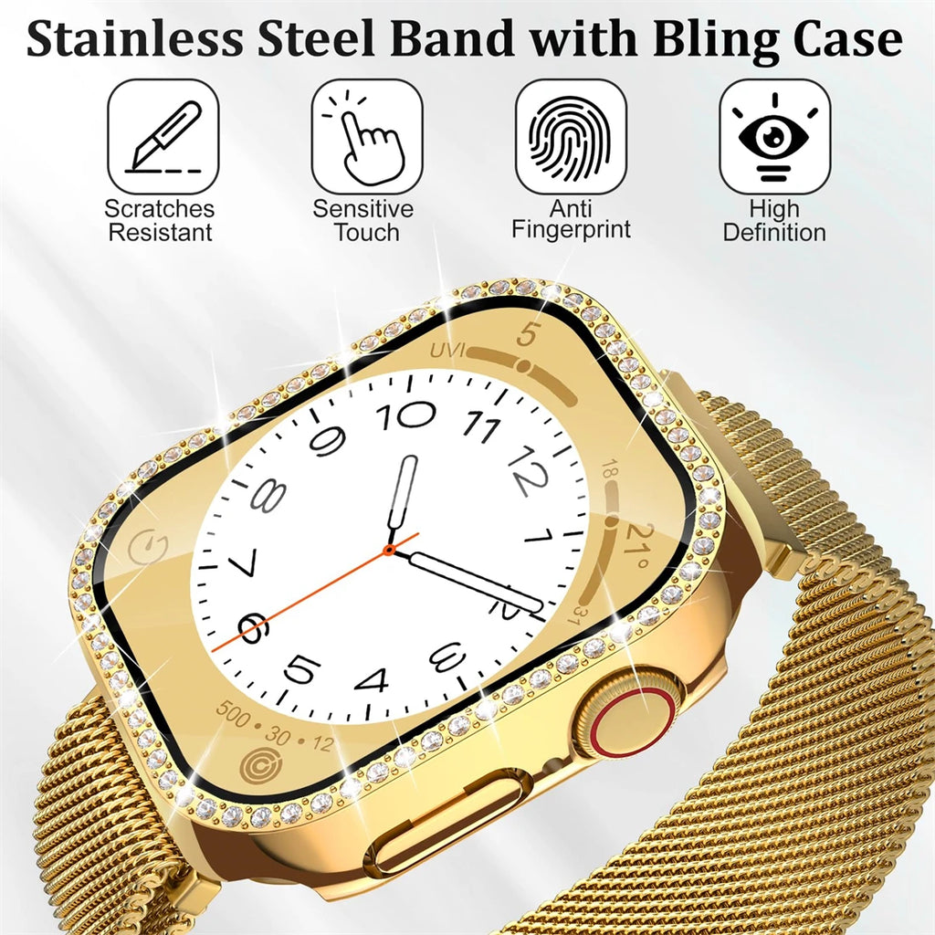 Milanese Loop+ case for Apple Watch Series 44mm 45mm 40mm 41mm 46mm 42mm diamond cover+band Apple Watch 9 8 7 6 5 4 10 Ultra 49mm band