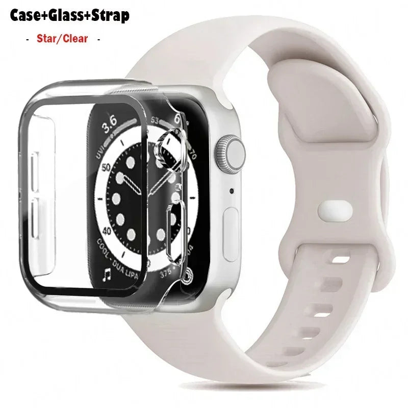 Glass+Case+watchbands For Apple Watch band 44mm 41mm 45mm 40mm 38mm 42mm Silicone band Apple Watch serises 9 8 4 5 6 SE 7 band