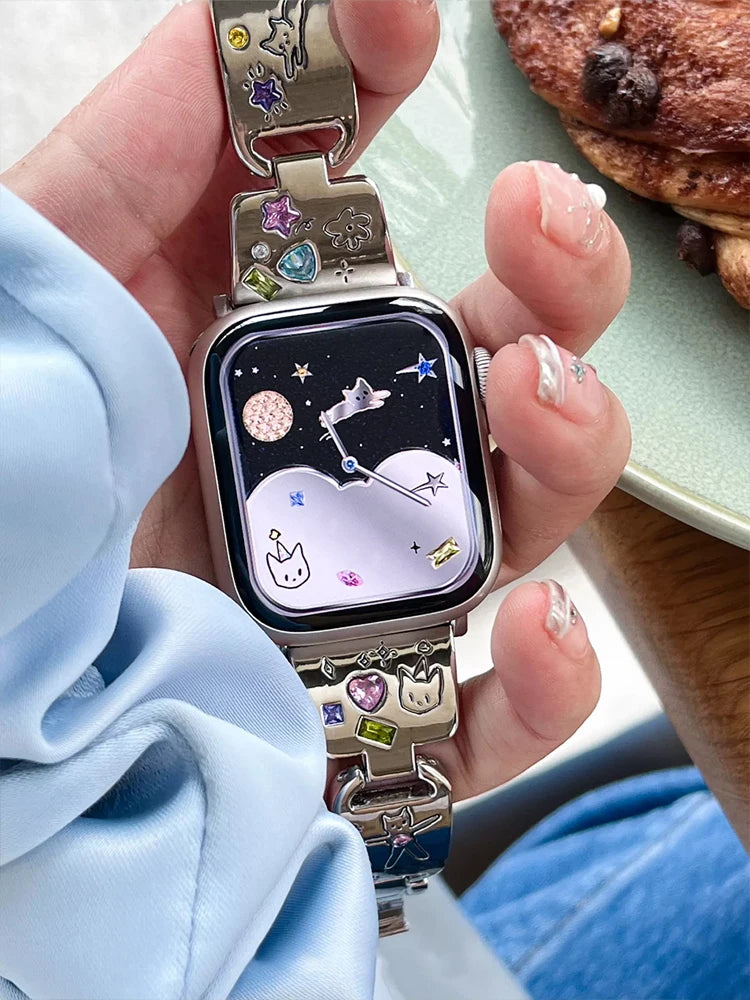 Cute Cat Glossy metal band For Apple Watch Ultra 10 9 8 7 42mm 45mm 46mm 49mm Diamond band For Apple Watch 38mm 41mm 6 5 SE 4