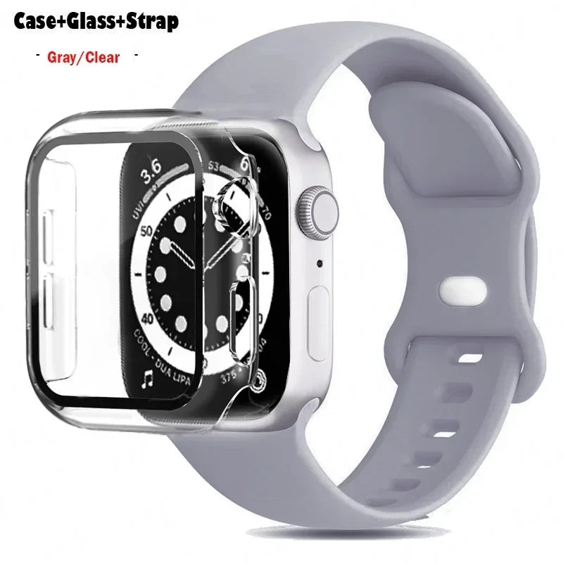 Glass+Case+watchbands For Apple Watch band 44mm 41mm 45mm 40mm 38mm 42mm Silicone band Apple Watch serises 9 8 4 5 6 SE 7 band