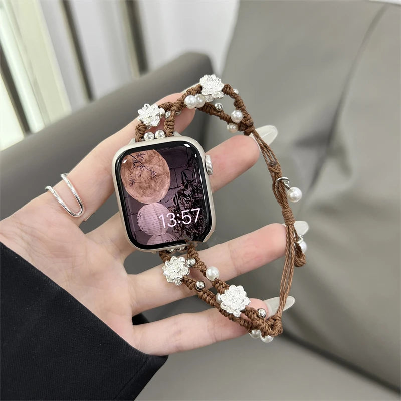 Ins Pearl Flowers band For Apple Watch Series 9 8 7 6 SE 4 5 45mm 44mm 42mm Woven Nylon band Apple Watch Ultra 2 49mm 40mm 38mm Woman