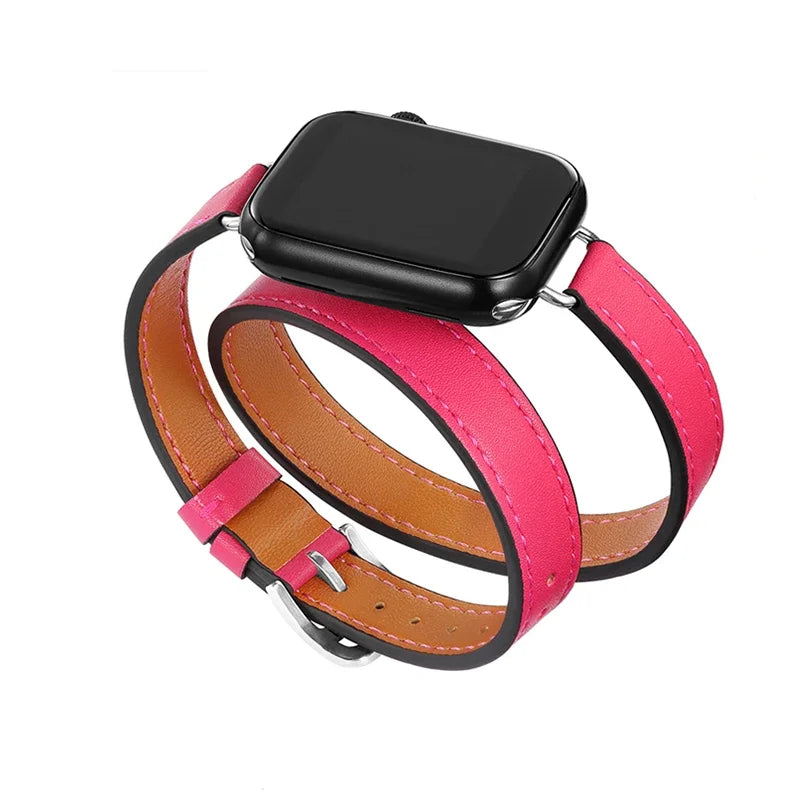 Double loop Slim Leather band for Apple Watch band Ultra 2 49mm Series 10 46mm 41mm 42mm 44mm 45mm band for Apple Watch 9 8 7 6 SE 5 4